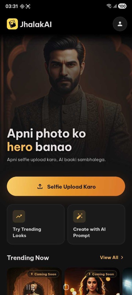 JhalakAI app — upload a selfie and create AI photos